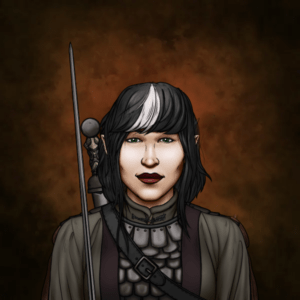 A halfling with shoulder-length black hair with a white poliosis patch in the center. Her eyes are narrow, and her skin is light. She is wearing scale mail with a robe over it, has a sword in her hand and another on her back along with a shortbow attached to her back.