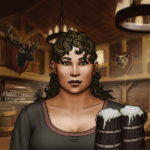 An illustration of a headshot of a human woman who appears to be of Latina descent with long curly dark hair. She's standing in a tavern with animal heads on the walls, holding two steins of foamy beer.