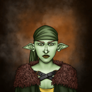 A green-skinned female goblin with a green head scarf, brown fur shoulder mantle over a yellow shirt and green overcoat