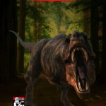SAVE THE QUEEN! Accessible Adventure of the Week: A mostly coniferous forest with a tyrannosaurus rex standing in the middle, facing the camera, roaring