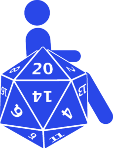 blue disability symbol with a d20 replacing the wheelchair wheel