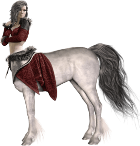A female centaur. The horse body and skin is white. The tail and her hair are silver. She's wearing a maroon top with fur trim, her waist exposed.