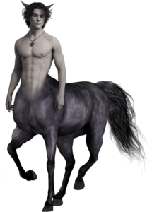 A male centaur. The horse body, tail, and short straight human hair are black. He has horse ears coming out of the top of his head. His skin is pale. He wears a silver necklace with a medallion consisting of a + in a circle.