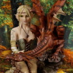 under a low canopy of trees in a forest, a light-skinned blond female elf wearing a green corset and tan pants, necklace and headband, caresses a pseudodragon on her lap. The pseudodragon is looking back at a small tyrannosaurus that is walking toward them