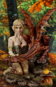 under a low canopy of trees in a forest, a light-skinned blond female elf wearing a green corset and tan pants, necklace and headband, caresses a pseudodragon on her lap. The pseudodragon is looking back at a small tyrannosaurus that is walking toward them