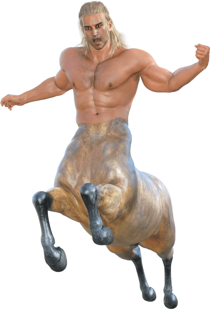 A leaping male centaur. He has black legs, brown horse body, light skin, shoulder-length combed-back blonde hair. He looks upset, mouth agape.