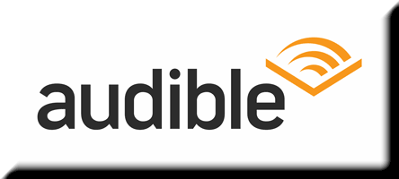 audible logo: black lettering on white button, chevron in upper right corner