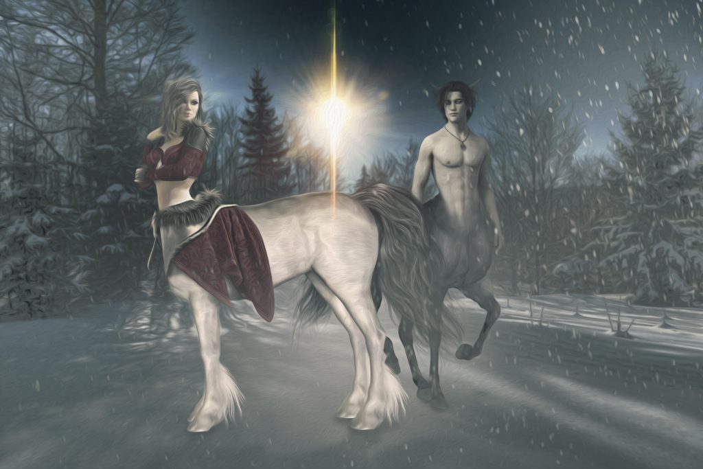 A clearing in a snowy forest. The shadows are long as the sun is low in the sky, central in the background. In the foreground, 2 centaurs: A female centaur. The horse body and skin is white. The tail and her hair are silver. She's wearing a maroon top with fur trim, her waist exposed. Behind her, A male centaur. The horse body, tail, and short straight human hair are black. He has horse ears coming out of the top of his head. His skin is pale. He wears a silver necklace with a medallion consisting of a + in a circle.