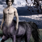 Tall grass by water, dark clouds in the sky, a tree branch top left. In the foreground, A male centaur. The horse body, tail, and short straight human hair are black. He has horse ears coming out of the top of his head. His skin is pale. He wears a silver necklace with a medallion consisting of a + in a circle.