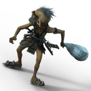 a pale-skinned goblin with blue hair, looking away, carrying a light blue sack