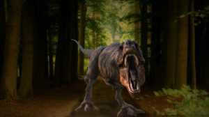 A mostly coniferous forest with a tyrannosaurus rex standing in the middle, facing the camera, roaring