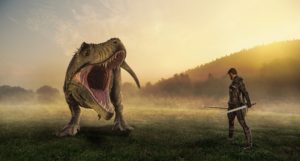 A male human fighter with two longswords standing in a clearing. It appears to be sunrise, and mist is still on the ground. A tyrannosaurus rex is roaring at him.