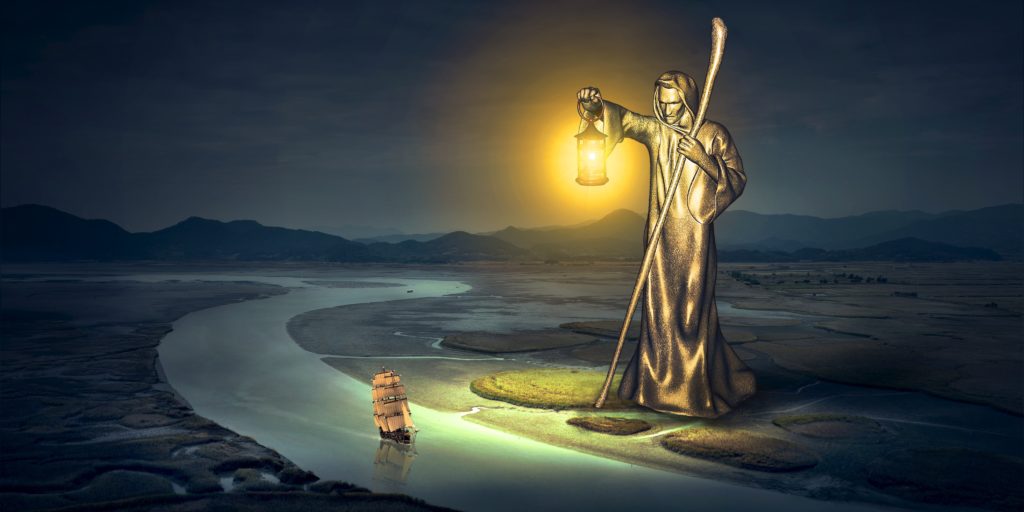 A 500 foot tall statue of a man in a hooded cloak carrying a staff that extends another 100 feet above its head and holding out a shining lantern that casts a yellow glow on the surroundings. Below the statue is a wetland with a river winding through it. On the river just below the statue is a galleon, and in the distance, another smaller ship. Rolling hills give shape to the horizon.