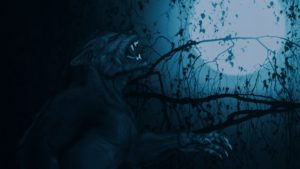 a werewolf, waist up, howling at a full moon. The tone of the image is midnight blue, and a tree in the backdrop is nearly bare of leaves.