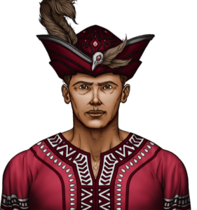 A Hispanic-looking middle-aged man with an ornate red hat with a brown feather and a white bird skull with red jeweled eyes. He wears a red, white and brown shirt.