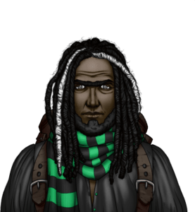 A black man with a beard and dreadlocks, two of which are white. He wears a black and green striped scarf and a leather backpack.