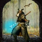 a gender-ambiguous brown-skinned tiefling in a muted olive leather longcoat and thigh-high boots. They hold a staff glowing blue behind them. They stand in an archway with an open arched door behind them. A hawk flies in the forest behind the open door.