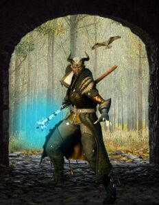 a gender-ambiguous brown-skinned tiefling in a muted olive leather longcoat and thigh-high boots. They hold a staff glowing blue behind them. They stand in an archway with an open arched door behind them. A hawk flies in the forest behind the open door.