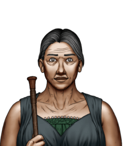 A Hispanic-looking woman with wrinkles and short grey hair pulled back and parted. She wears a grey sleeveless blouse with green lace in the middle. She holds a wooden table leg in her right hand.