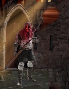 A skeleton with glowing red eyes in chainmail armor, a red tint over the top half. Its left hand is raised holding an empty sword hilt. A longsword is sheathed in its belt. In the background, a composite of a door, stone castle wall, and book with a yellow light shining from the upper right.