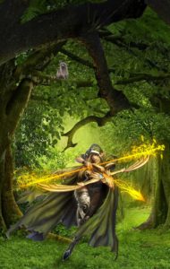 In a forest, a blond light skinned female elf wearing a tattered green hooded cape and matching clothing. She's holding a longbow with a crossbow-like center. A glowing yellow string powers a fiery yellow arrow shooting from it.
