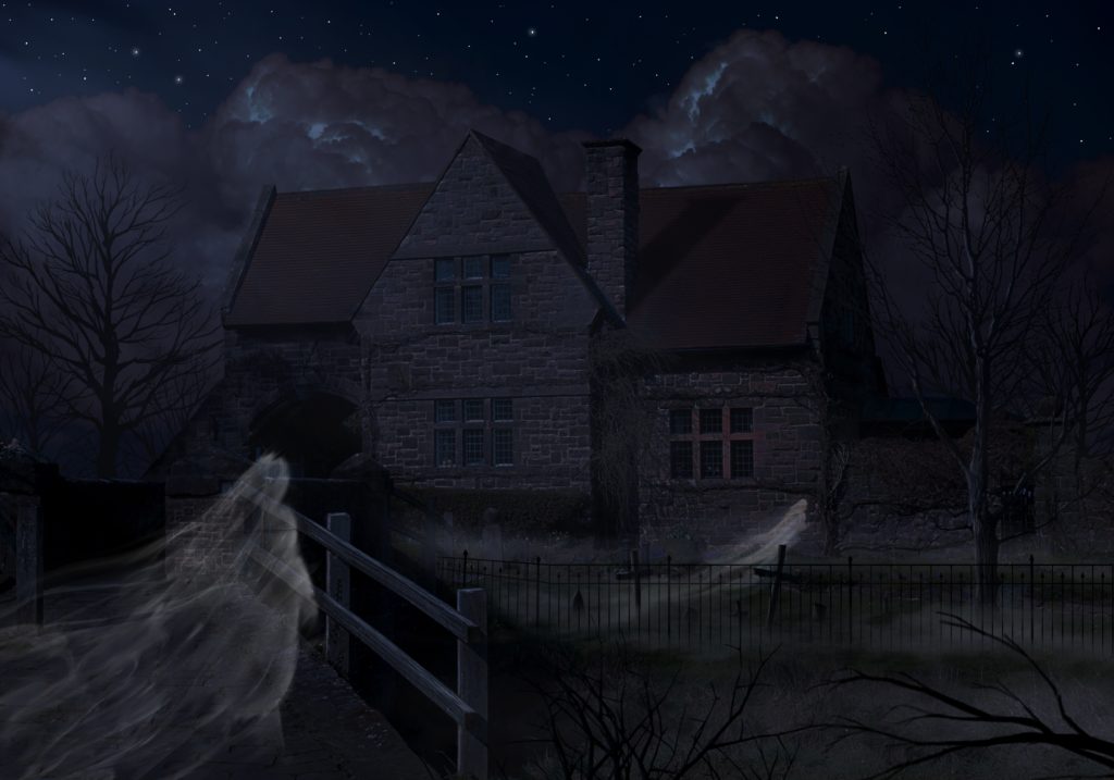 A stone house with triangular roof at night. In the yard are crosses, a metal fence, and bare trees. Two ghostlike images move along the ground.