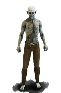 a pale skinned bald undead with pointed ears and wearing only brown pants