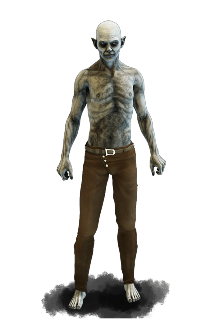 a pale skinned bald undead with pointed ears and wearing only brown pants