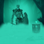 A skeleton wearing a crown, dressed in full platemail, carrying a longsword and shield standing in a dark forest, mists covring the ground to roughly waist height, but 2 skeletons lay on the ground, one with a sword stuck in it and the other with a skull banner impaling it. The whole image is grayscale with a teal hue.