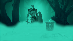 A skeleton wearing a crown, dressed in full platemail, carrying a longsword and shield standing in a dark forest, mists covring the ground to roughly waist height, but 2 skeletons lay on the ground, one with a sword stuck in it and the other with a skull banner impaling it. The whole image is grayscale with a teal hue.