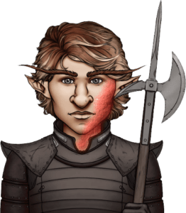 A light skinned strawberry blond gnome wearing banded armor and holding a pole-axe. He has a red rash across the right side of his face and neck.
