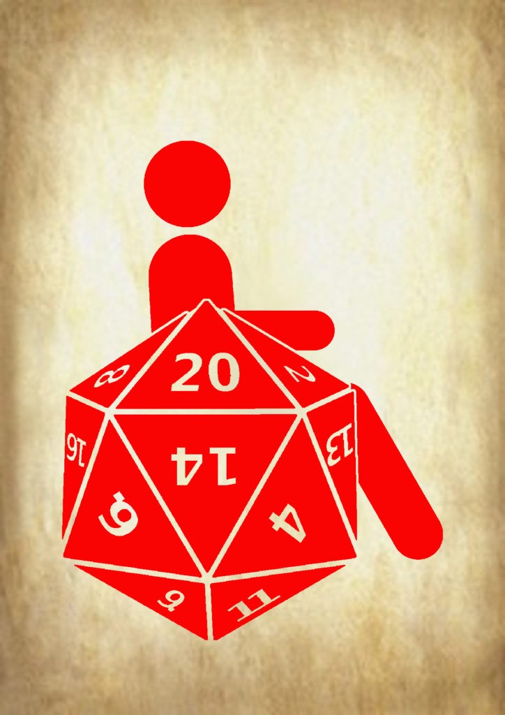 red disability symbol with a d20 replacing the wheelchair wheel against a parchment background