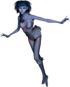A blue woman with arms casually outstretched wearing a short dress. He hair is short and straight, and her eyes are larger than normal.