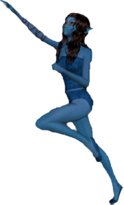 A blue woman wearing indigo clothing, standing on one foot, reaching upwards.
