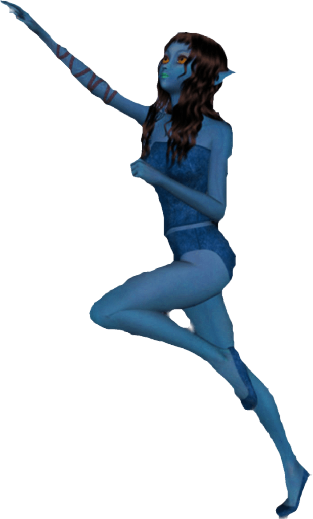 A blue woman wearing indigo clothing, standing on one foot, reaching upwards.