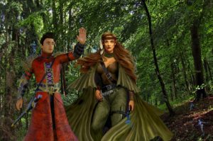 In a forest, a man with light skin, black upright hair, and a red robe with a sword hanging at his waist from a shoulder strap. He is looking up and has his hand raised in the same direction. Beside him stands a copper-skinned elf with light brown hair, a headband with feathers hanging from it, and a brown and green caped outfit. She holds a dagger and has another strapped to her left leg. Two tiny blue humanoid creatures, one on the man's shoulder, and another reaching for the woman's dagger. Two more of the creatures are in the background on the right.