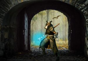 a gender-ambiguous brown-skinned tiefling in a muted olive leather longcoat and thigh-high boots. They hold a staff glowing blue behind them. They stand in an archway with an open arched door behind them. A hawk flies in the forest behind the open door.