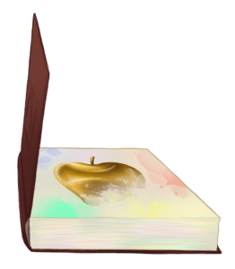 open brown-covered book; a golden apple forms in the middle of the page, amorphous colors across the edges