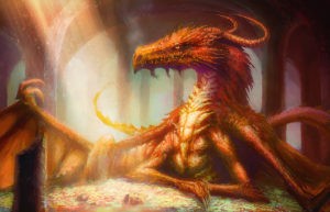 A red dragon sitting on a pile of gold and treasure in a columned cavern