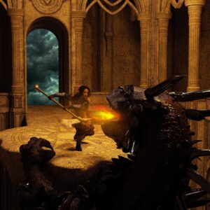 a dragon in the foreground breathing fire on an intruder into its arched gold-filled lair