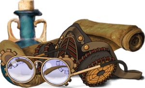 A potion, scroll, mask, and spectacles