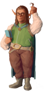 A light skinned half-elf with long brown hair, a green shirt, and brown pants. He wears glasses, holds some hair in his left hand, and a grren bok in his right hand. A locket hangs around his neck.