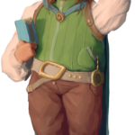 A light skinned half-elf with long brown hair, a green shirt, and brown pants. He wears glasses, holds some hair in his left hand, and a grren bok in his right hand. A locket hangs around his neck.