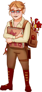 gnome dressed in brown and beige, holding a book, carrying red and yellow tools in his backpack