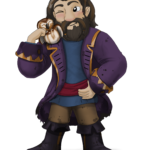 dwarf with dark hair and beard, purple longcoat, an owl perched on his shoulder