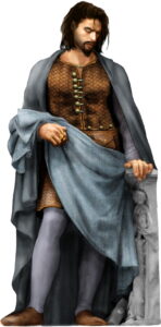 somber human in a brown tunic and light blue cloak