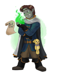 half-orc wearing blue tunic & white cape, yellow plush animal attached to belt, green fire in palm of upturned palm, parchment with "To Do" floating in front of him