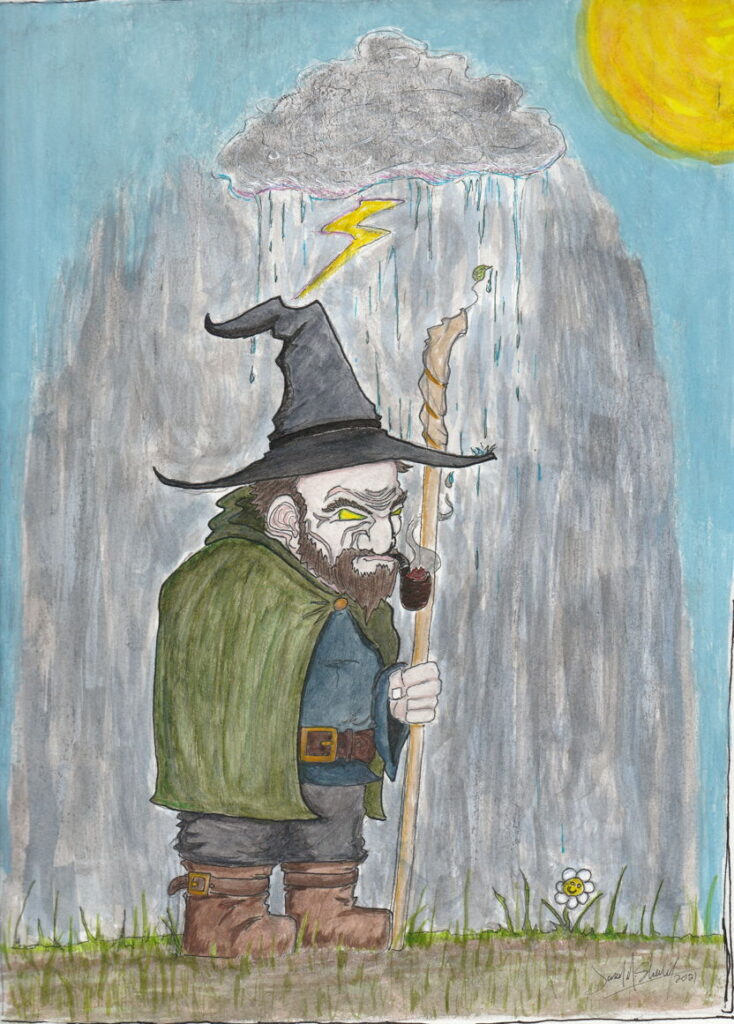 dwarven wizard on a sunny day with a thundercloud and rain immediately overhead; a small daisy below him smiles