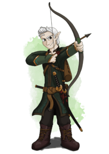 white-haired elf in green outfit, 2 katanas on belt, longbow drawn