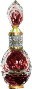 crystal vial with a dark red liquid within
